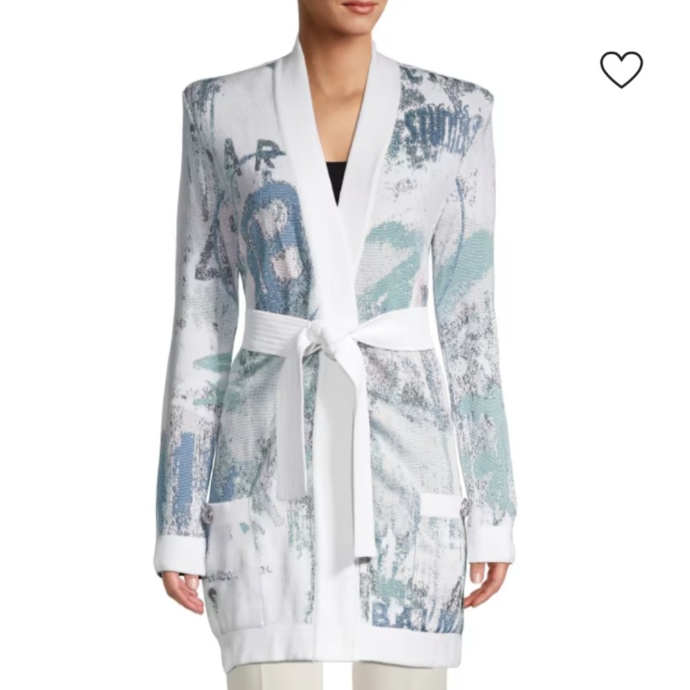 Balmain NWT White and Blue Belted Cardigan